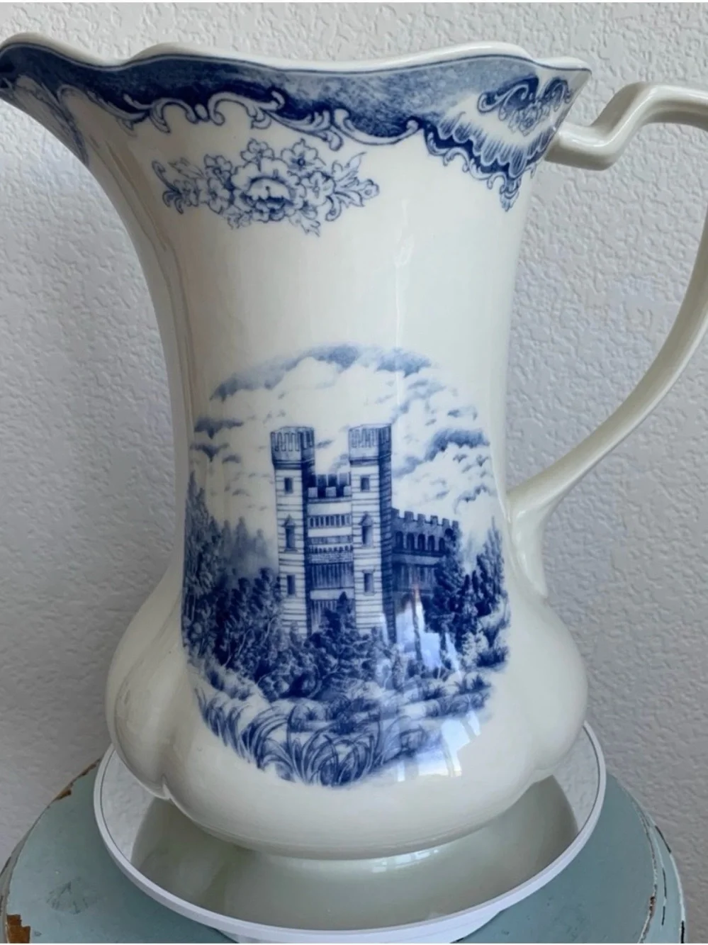 LINDA DANO Vintage Pitcher Vase Blue White Castle Ceramic QVC Cottagecore Rare